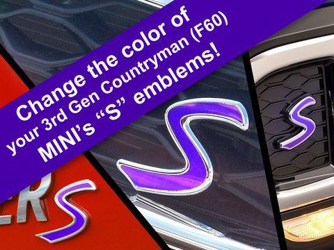 S Decal Replacements for 3rd Gen MINI Cooper Countryman (F60) S Scuttles, Front and Rear Emblems Product Page