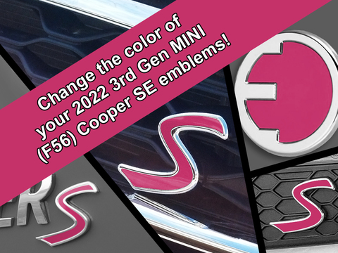 S Decal Replacements for 2022-2024 3rd Gen Electric MINI Cooper (F56) SE Scuttles, Front, and Rear Emblems Product Page