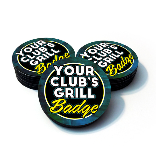 A stack of badges that read Your Club's Grill Badge