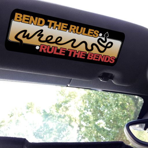 Visor sticker for MINI Cooper that says Bend the Rules Rule the Bends