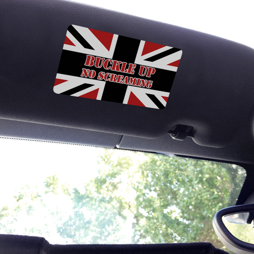 Visor sticker for MINI Cooper that says Buckle Up No Screaming