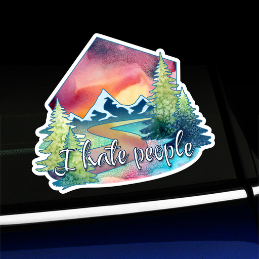 I Hate People Sticker with watercolor forest scene